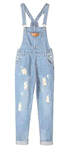 AvaCostume Women's Adjustable Strap Ripped Denim Overalls LightBlue L