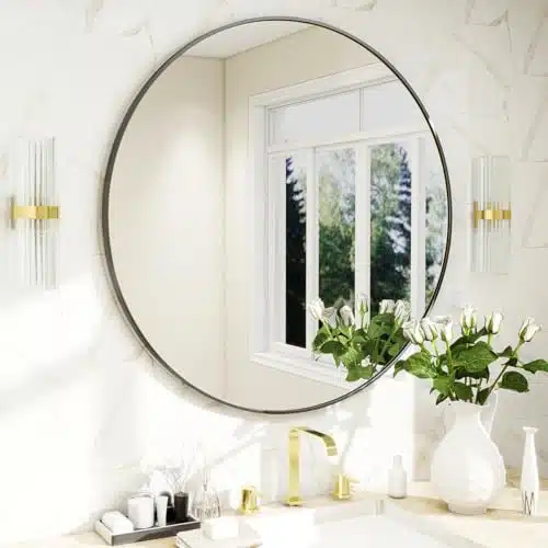 BEAUTYPEAK Inch Round Mirror, Black Metal Frame Circle Mirror, Wall Mirror for Entryway, Bathroom, Vanity, Living Room, Circle Mirror, Black