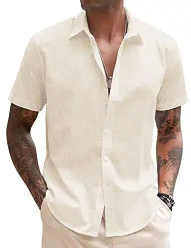 COOFANDY Men's Linen Cotton Casual Button up Shirts Slim Fit Summer Beach Shirts Khaki