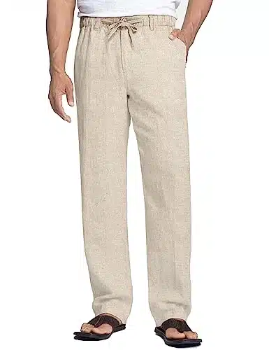COOFANDY Men's Linen Cotton Pants Drawstring Waist Modern Waistband Trousers (Khaki, L)