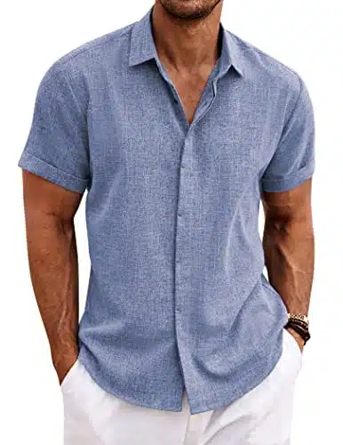 COOFANDY Men's Linen Shirt Casual Shirts Short Sleeve Shirts Button Down Linen Beach Shirts for Men Summer Outfit