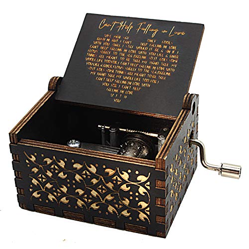 Can't Help Falling in Love Wood Music Box, Antique Engraved Musical Boxes Case for Love One Wooden Music Box Gifts for Lover, Boyfriend, Girlfriend, Husband, Wife (BLACK)