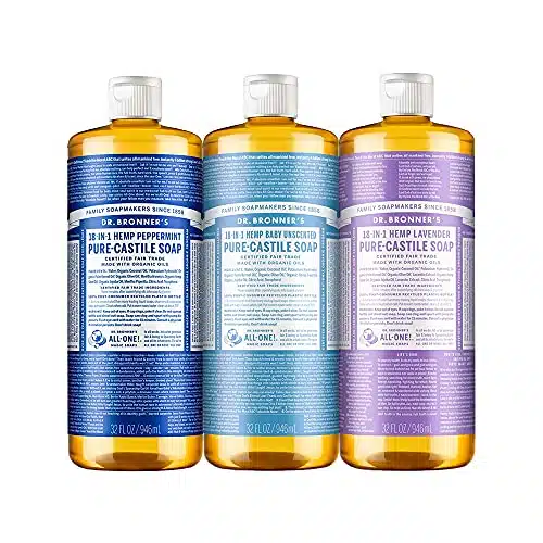 Dr. Bronner's   Pure Castile Liquid Soap (Ounce Variety Pack) Peppermint, Baby Unscented, Lavender   Made with Organic Oils, in Uses Face, Body, Hair, Laundry, Concentrated, Vegan