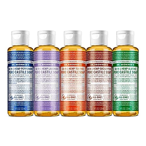 Dr. Bronner's   Pure Castile Liquid Soap (Ounce Variety Pack) Peppermint, Lavender, Tea Tree, Eucalyptus, Almond   Made with Organic Oils, in Uses Face, Body, Hair, Laundry, Pets & Dishes