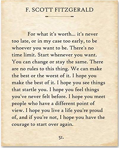 F Scott Fitzgerald Quotes Wall Art For What It's Worth F. Scott Fitzgerald Vintage Wall Art Decor x Library Decor, for Women and Men Office Decor, Book Pages Great Ga