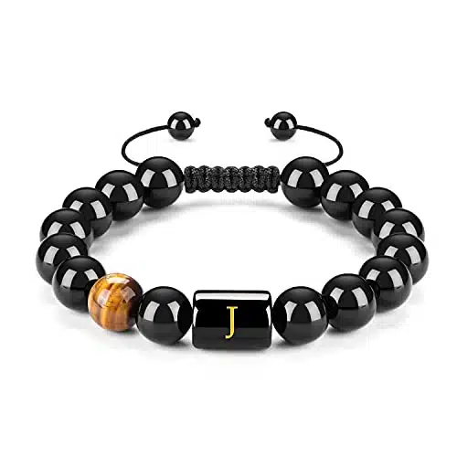 FRG Initials Bracelets for Men Letter Link Handmade Natural Black Onyx Tiger Eye Stone Beads Braided Rope Meaningful Bracelet (obsidian J, obsidian)