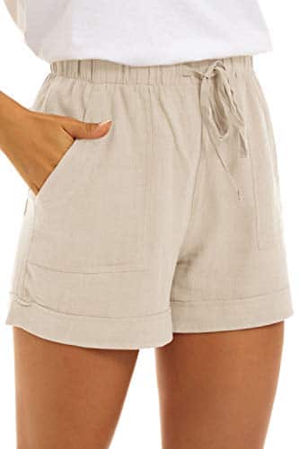 KINGFEN Womens Shorts Casual Lounge Cotton Shorts for Summer Mid Rise Elastic Waist Linen Beach Pull On Comfy Drawstring Stretchy Short with Pockets Beige X Large