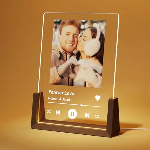 LUCKOR Personalized Valentines Day Gifts for Him Her, Customized Spotify Acrylic Plaque with Photo, Custom LED Walnut Picture Frame for Boyfriend Girlfriend, Anniversary Roman