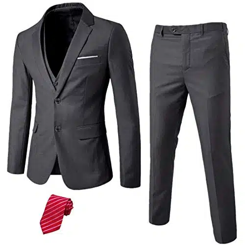 MYS Men's Piece Slim Fit Suit Set, Button Blazer Jacket Vest Pants with Tie, Solid Wedding Dress Tux and Trousers Deep Grey
