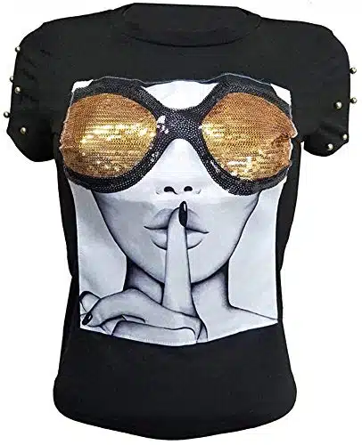 PESION Womens Short Sleeve T Shirt Sequined Tops O Neck Funny Graphic Tees Blouse, BlackLarge