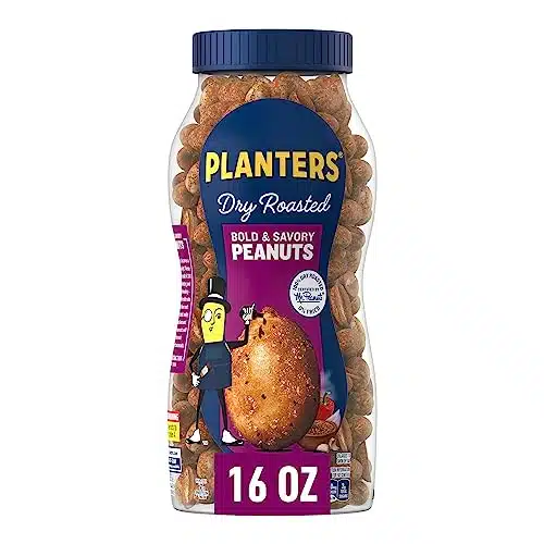 PLANTERS Dry Roasted Bold & Savory Peanuts, Party Snacks, Plant Based Protein, Oz Jar