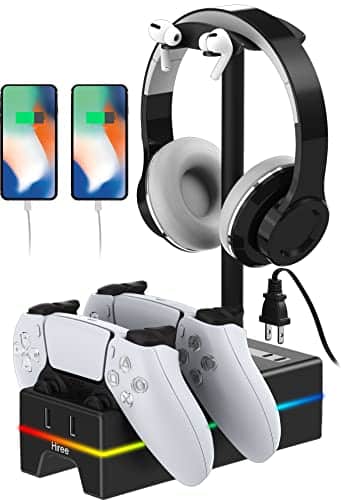 PSController Charger with USB Charging Port and AC Outlet, RGB DualSense Charging Station Dock for Dual Playstation Controllers with Headphone Stand, PSAccessories