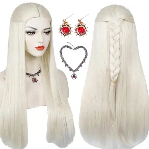 Rhaenyra Targaryen Wig Adult, Long Blonde Braided Princess Wig for Women, Straight Synthetic Hair Wig & Necklace & Earrings + Wig Cap for Halloween Costume Cosplay