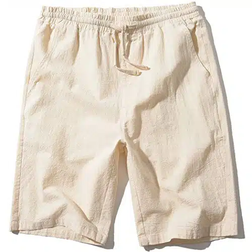 SIRen's Linen Casual Classic Fit Inch Inseam Elastic Waist Shorts with Drawstring Beige Large