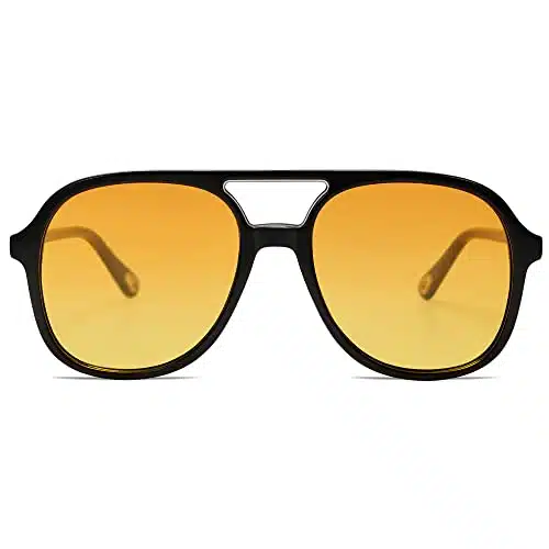 SOJOS Retro Square Polarized Aviator Sunglasses Womens Mens s Vintage Double Bridge Sun Glasses SJ, BlackDark Yellow Tint