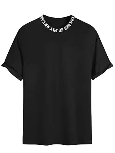 SOLY HUX Men's Casual Summer T Shirts Mock Neck Letter Print Tops Short Sleeve Tees Pure Black L