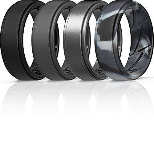 ThunderFit Silicone Wedding Ring for Men (Black, Dark Grey, Grey Camo, Gunmetal, (mm))
