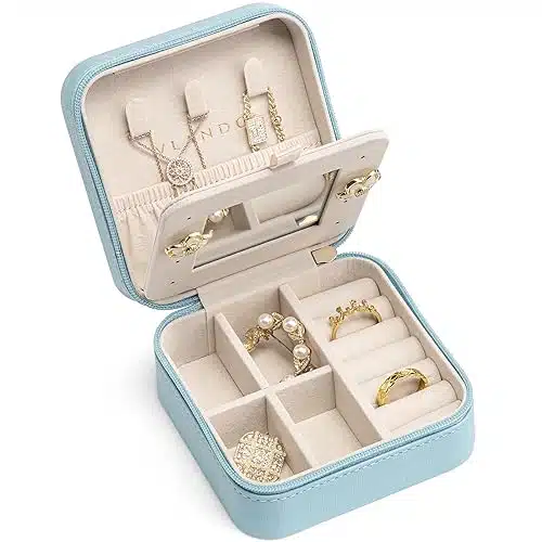 Vlando Small Travel Jewelry Box Organizer   Display Case for Girls Women Gift Rings Earrings Necklaces Storage with Mirror Blue