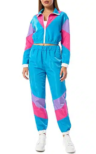 Yisfri Women's Vintage s s Style Piece Outfit Long Sleeve Full Zip Windbreaker Tracksuits Themed Party Pants Set (Blue, XXL)