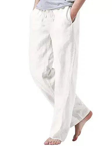 iWoo Pants with Elastic Waist Men Beach Linen Pants Drawstring Linen Pants White M