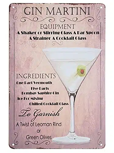 x Popular Cocktails and Drink Mix Recipes Menu on Metal Tin Sign Wall Decor Plaque Poster (GIN MARTINI)