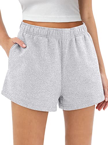AUTOMET Sweat Shorts Womens Trendy Casual Athletic High Waisted Shorts Running Summer Vacation Drawstring Outfits Comfy Lounge Workout Clothing with Pockets in Fashion Grey