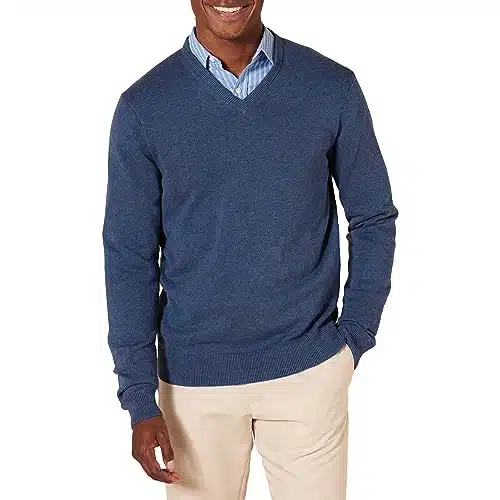 Amazon Essentials Men's V Neck Sweater (Available in Big & Tall), Blue Heather, Large