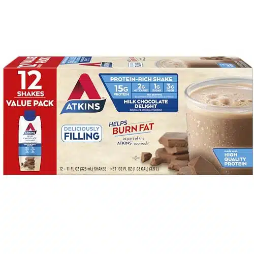 Atkins Milk Chocolate Delight Protein Shake, g Protein, Low Glycemic, g Net Carb, g Sugar, Keto Friendly, Count