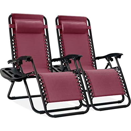 Best Choice Products Set of Adjustable Steel Mesh Zero Gravity Lounge Chair Recliners wPillows and Cup Holder Trays Burgundy