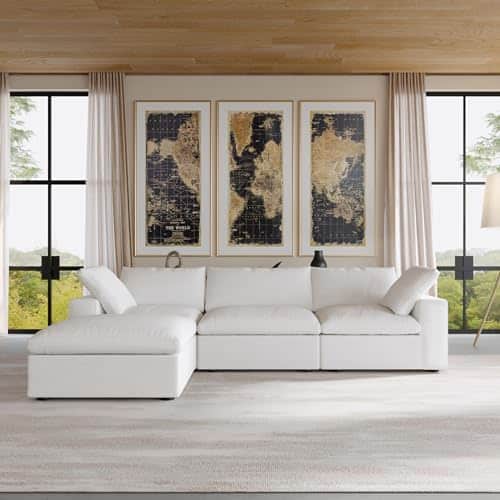 Cloud Modular Sectional Sofa,Down Filled Comfort L Shaped Sofa Couch for Living Room,Minimalist Wide Deep Seat Couches for Office Apartment (White, Seater+Ottoman)