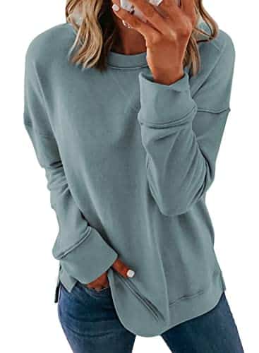 Dokotoo Women's Long Sleeve Crewneck Side Split Pullover Sweatshirt Blue, Large