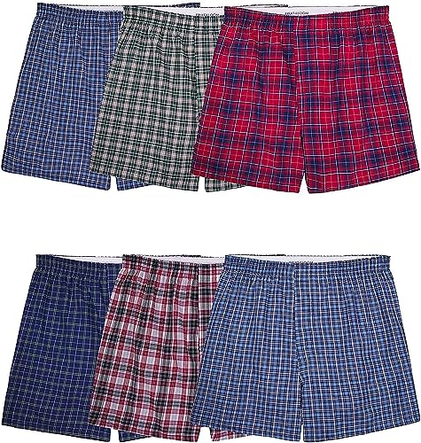 Fruit of the Loom Men's Tag Free Woven Boxer Shorts, Relaxed Fit, Moisture Wicking, Color Multipacks, Assorted Plaid, Large