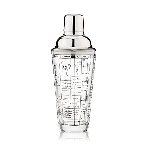 True Glass Cocktail Shaker with Cocktail Recipes, Clear Glass Shaker with Strainer, oz