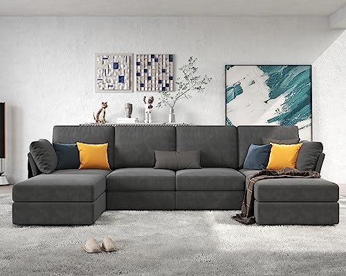 VanAcc Inches Modular Sectional Sofa, Seats U Shaped Sofa with Chaise, Oversized Sectional Sofa with Storage, Ottomans Chenille Gray