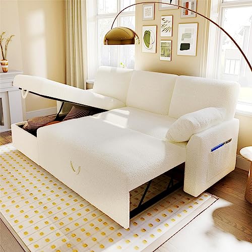 VanAcc Sleeper Sofa, Sofa Bed in Pull Out Couch Bed with Storage Chaise for Living Room, Sofa Sleeper with Pull Out Bed, White Boucle Couch