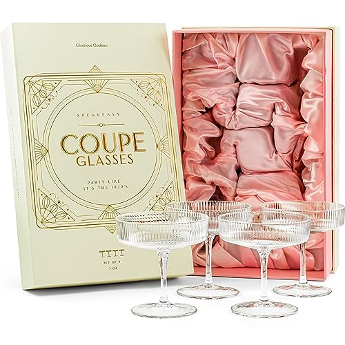 Vintage Art Deco Coupe Glasses Set of oz Classic Cocktail Glassware for Champagne, Martini, Manhattan, Cosmopolitan, Sidecar Crystal Speakeasy Style Saucer Goblets with Ste
