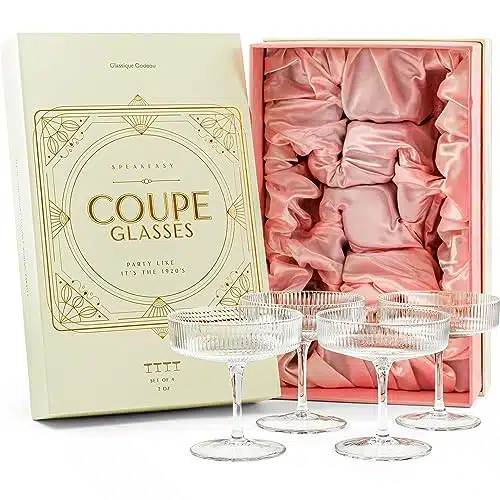 Vintage Art Deco Coupe Glasses  Set of  oz Classic Cocktail Glassware for Champagne, Martini, Manhattan, Cosmopolitan, Sidecar  Crystal Speakeasy Style Saucer Goblets with Ste