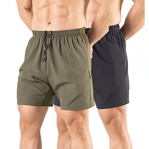Gaglg Men's Running Shorts Pack Quick Dry Athletic Workout Gym Shorts with Zipper Pockets BlackGreen,Medium