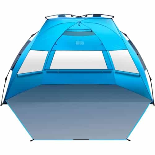 OutdoorMaster Pop Up Beach Tent for Person Easy Setup and Portable Beach Shade Sun Shelter Canopy with UPF + UV Protection Removable Skylight Family Size Blue